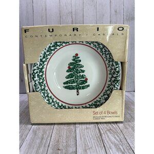 Vtg Furio Painted Italy 8" DIA Soup Bowls Set of 4 Spongeware Christmas Tree NIB